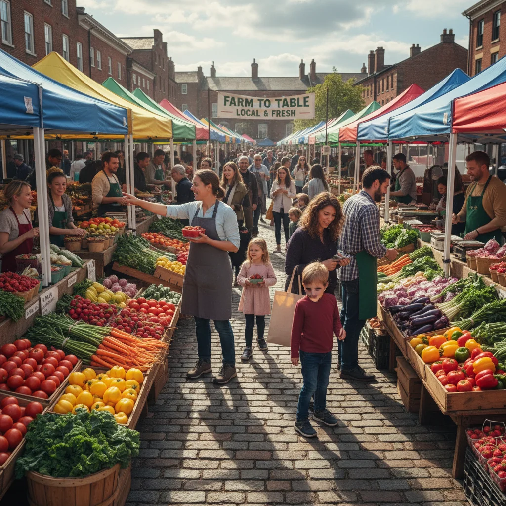 Bustling local farmers market with fresh produce and engaged shoppers.