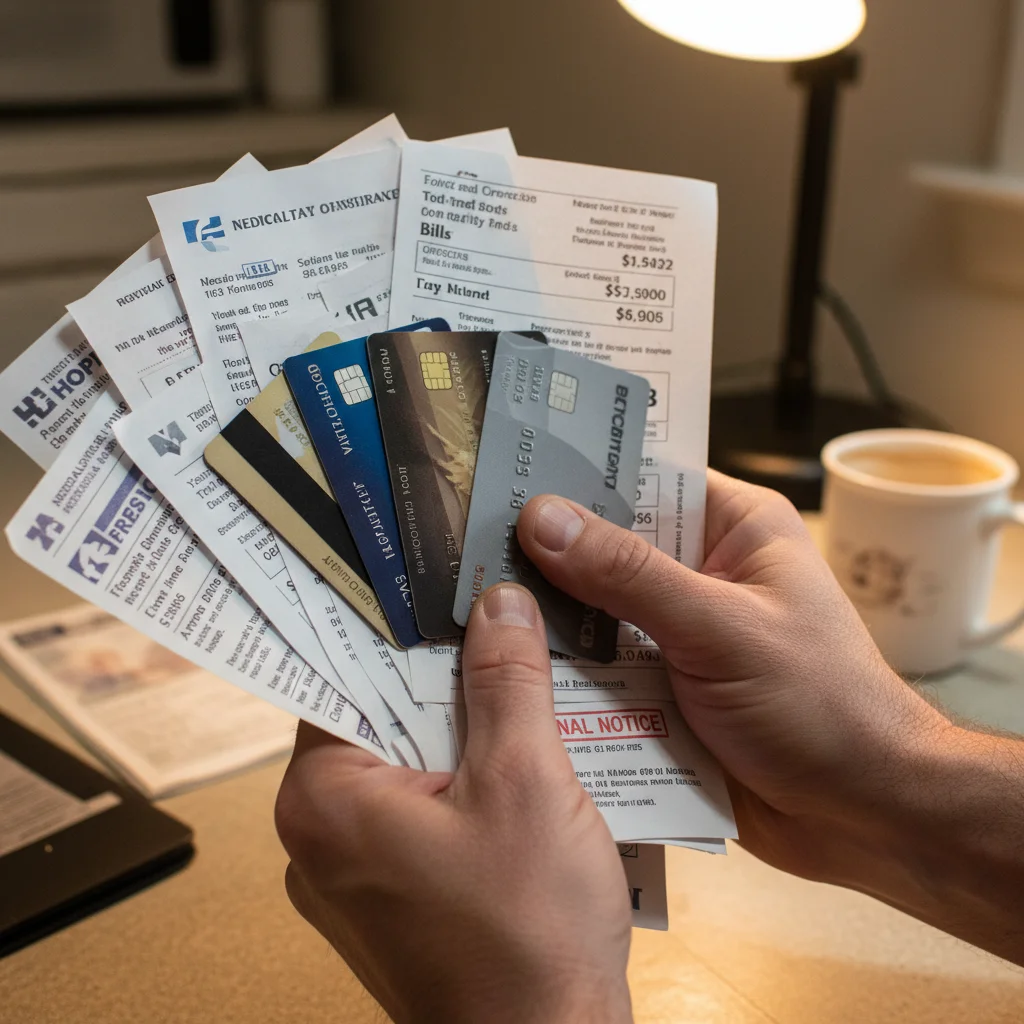 Hands holding medical bills and credit cards, symbolizing the financial strain of healthcare costs.