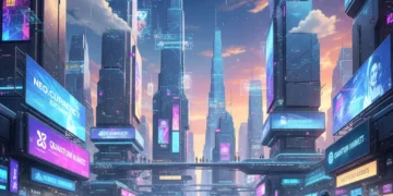 Metaverse Business Opportunities US 2026: A Deep Dive Futuristic metaverse cityscape with glowing billboards and interacting avatars.