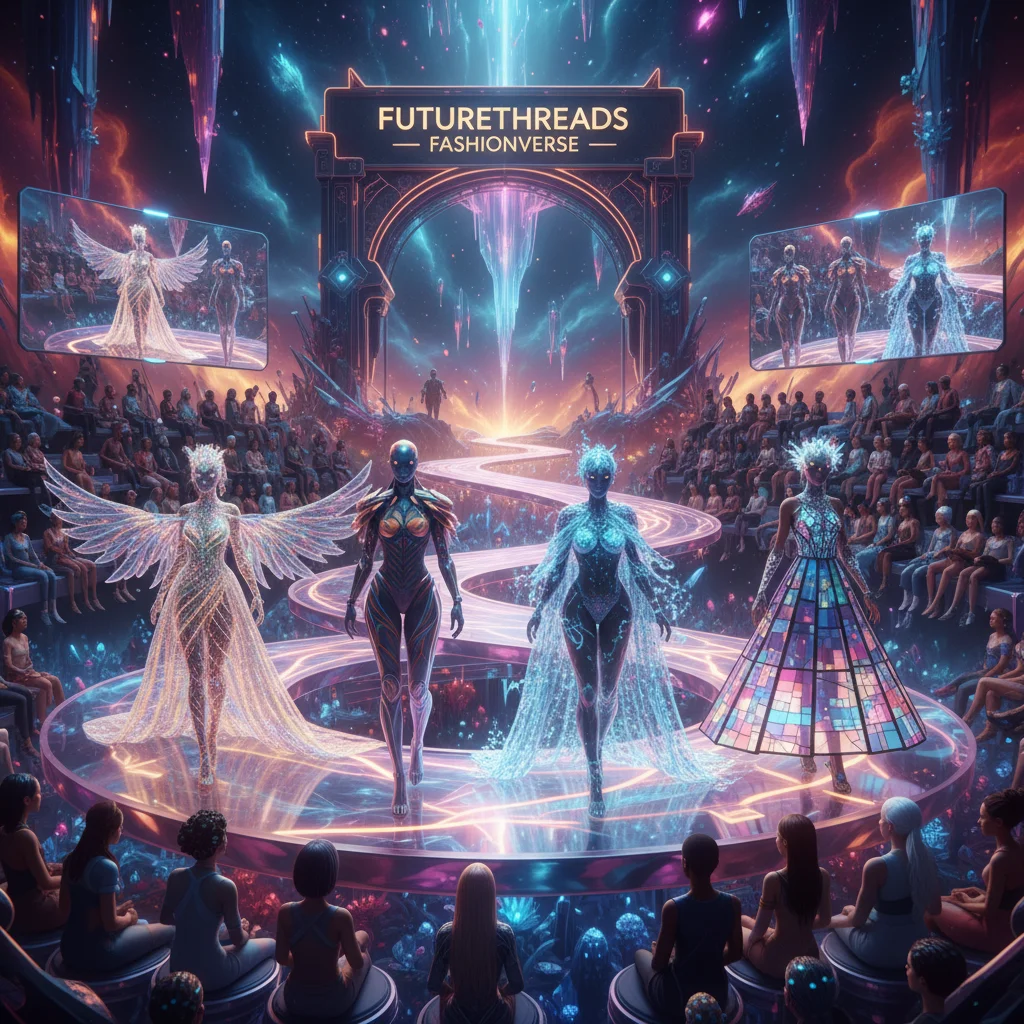 Digital avatars showcasing virtual fashion on a metaverse runway.