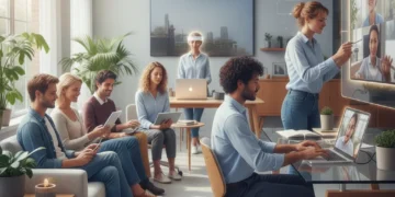 Digital Wellness 2026: Balancing Screen Time in the US People engaging mindfully with technology in a balanced digital environment.