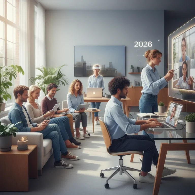 People engaging mindfully with technology in a balanced digital environment.
