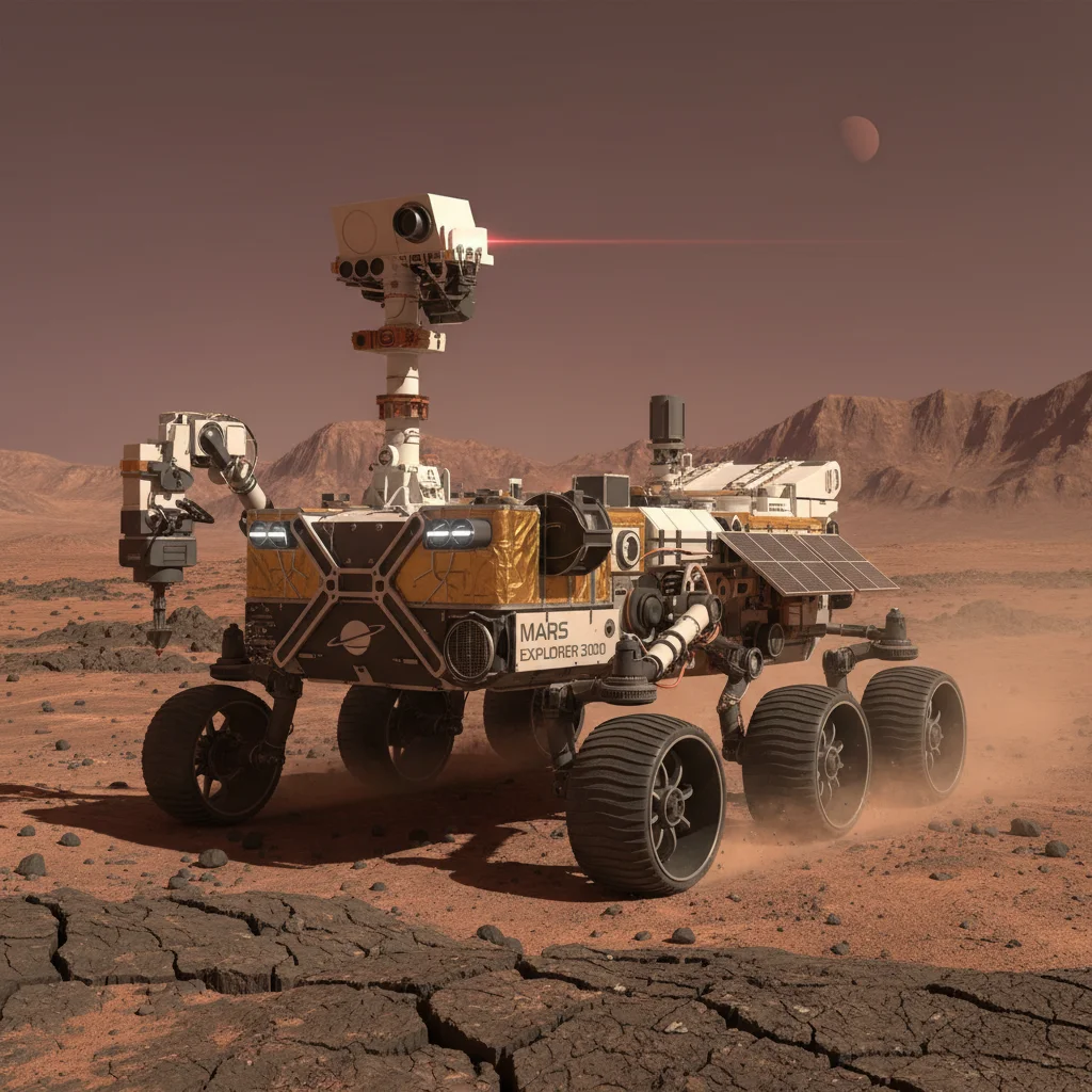 Next-generation Mars rover with advanced instruments exploring a rocky Martian landscape under a red sky.