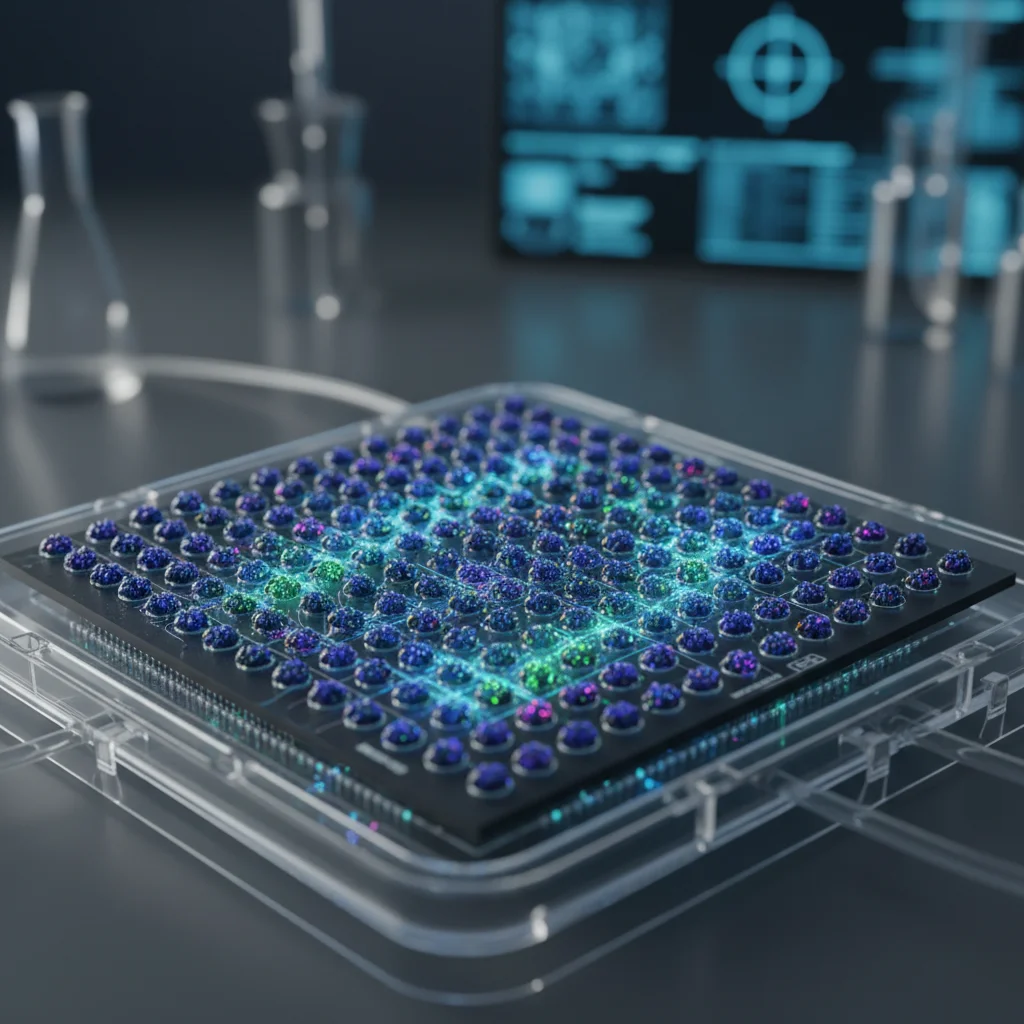 Microarray chip for personalized medicine, showing genomic analysis.