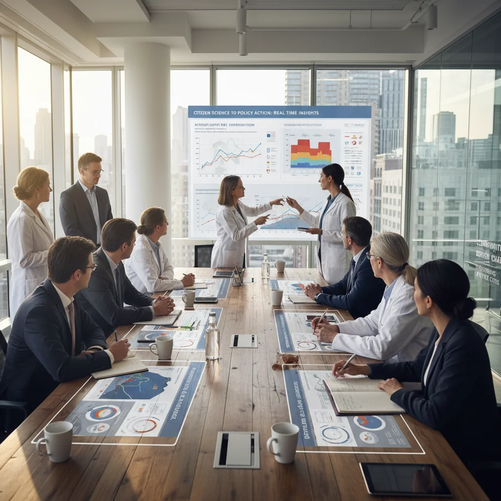 Policymakers and scientists analyzing citizen science data to inform environmental policy decisions.