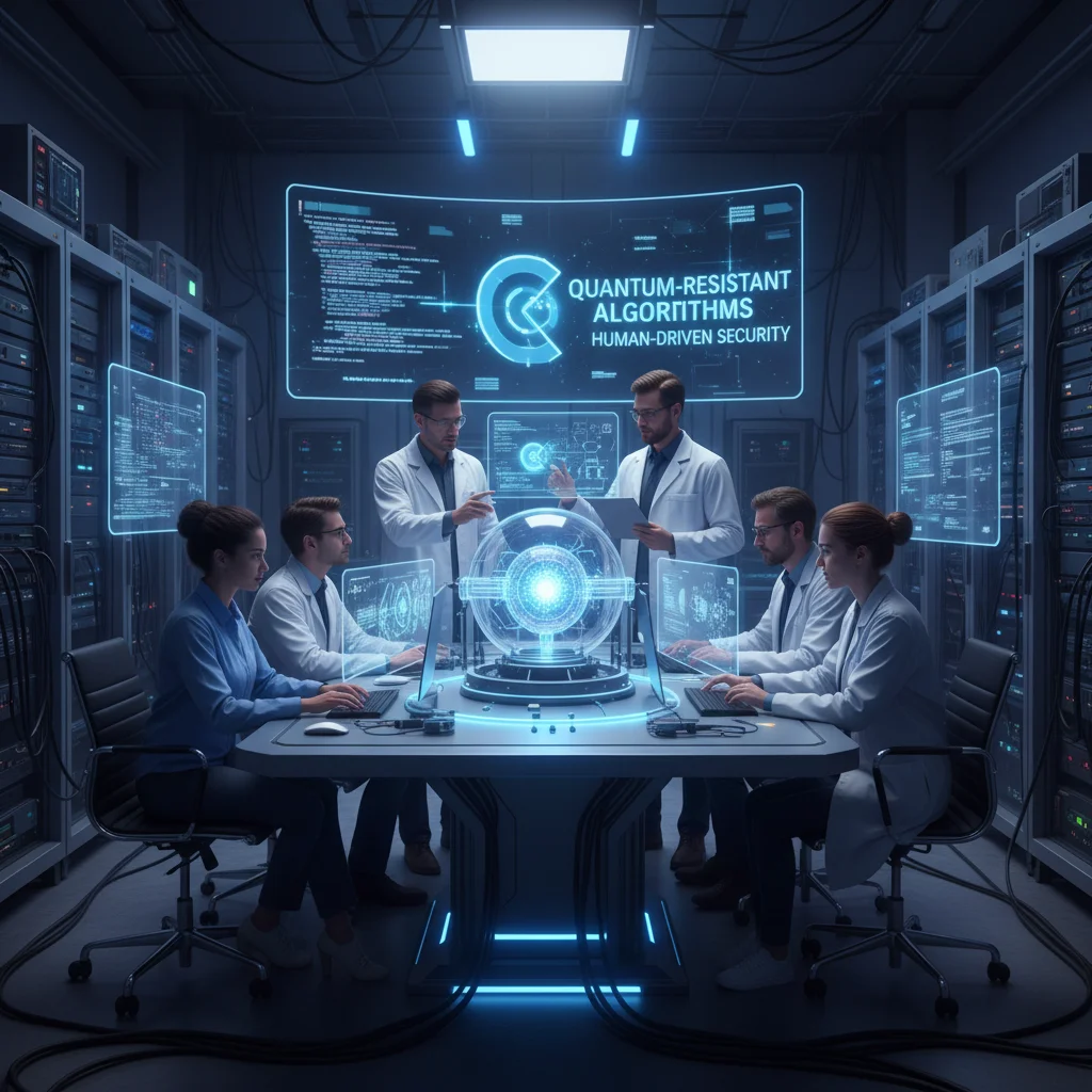 Cybersecurity experts developing quantum-resistant algorithms in a lab