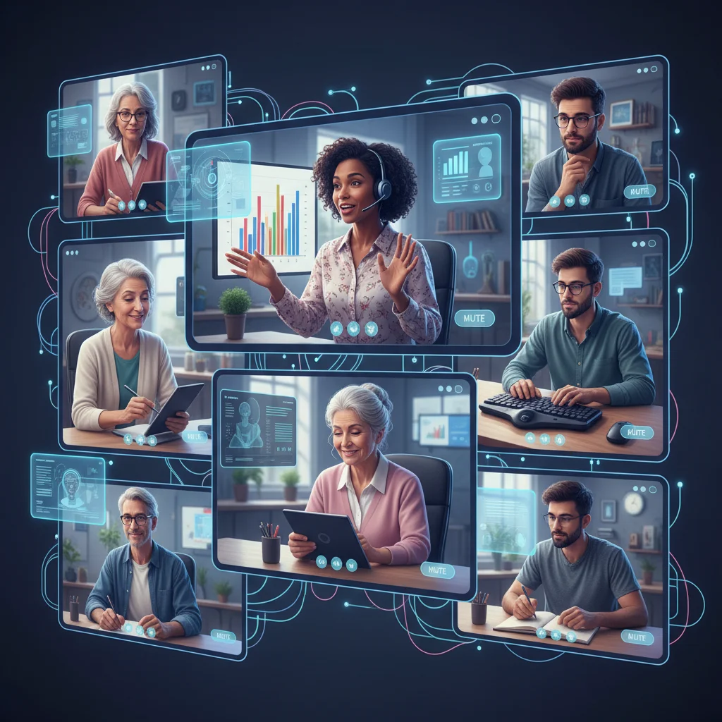 Diverse professionals collaborating virtually on screens, showcasing remote work and digital collaboration.