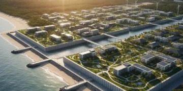 Resilient coastal community with flood barriers, symbolizing federal preparedness grants success.