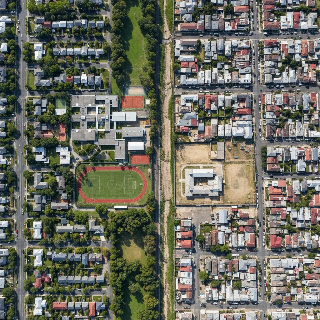 Contrasting affluent and disadvantaged neighborhoods with their respective school facilities.