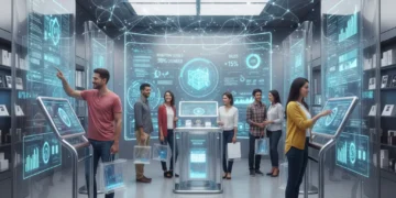 Futuristic retail store with data analytics displays optimizing inventory