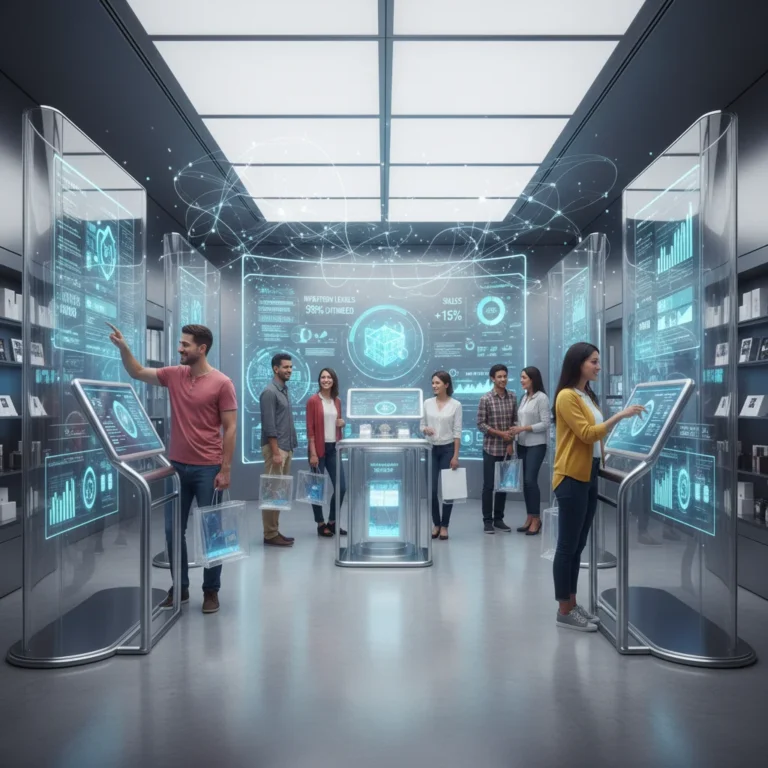 Futuristic retail store with data analytics displays optimizing inventory