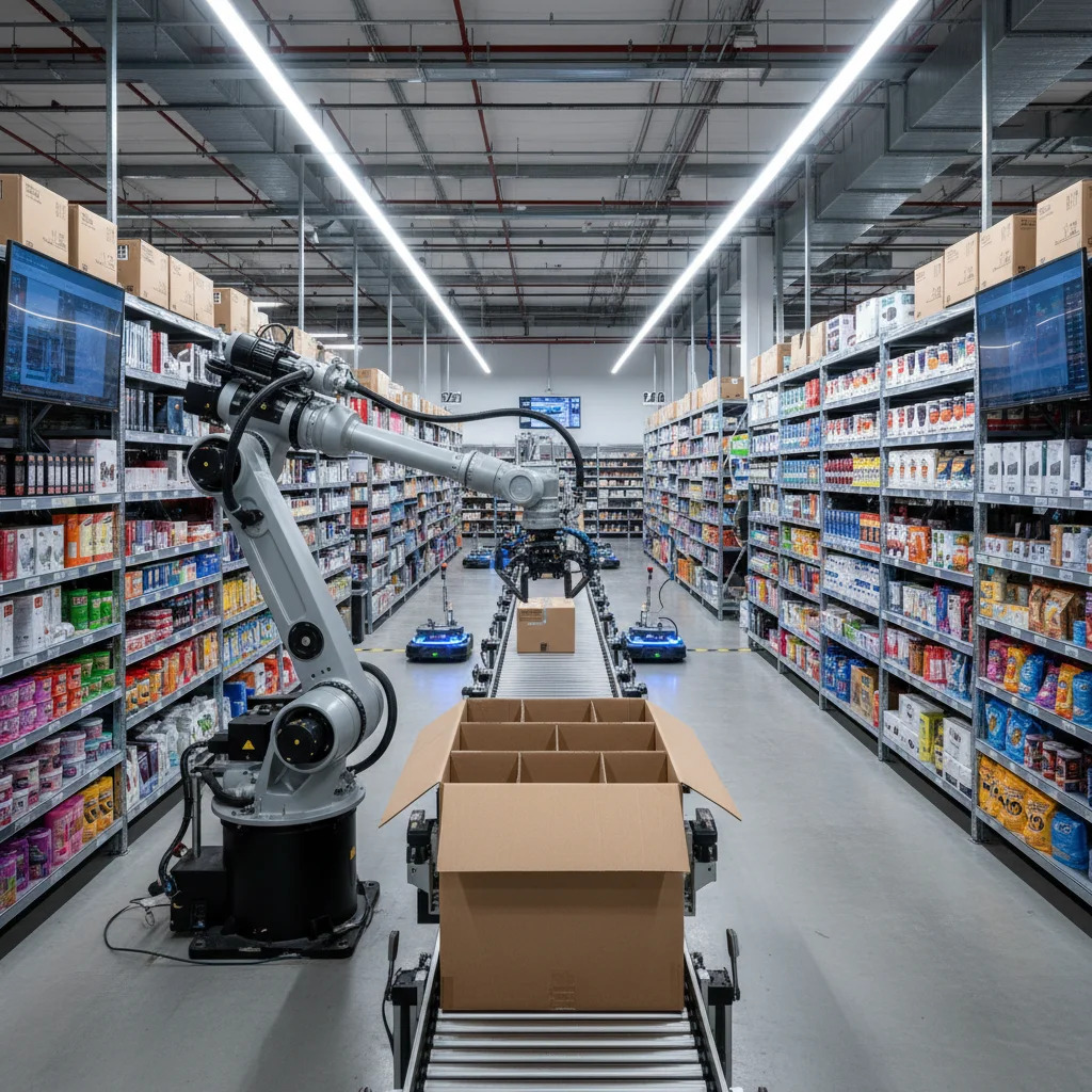Robotic arm meticulously picking items in an automated fulfillment center.