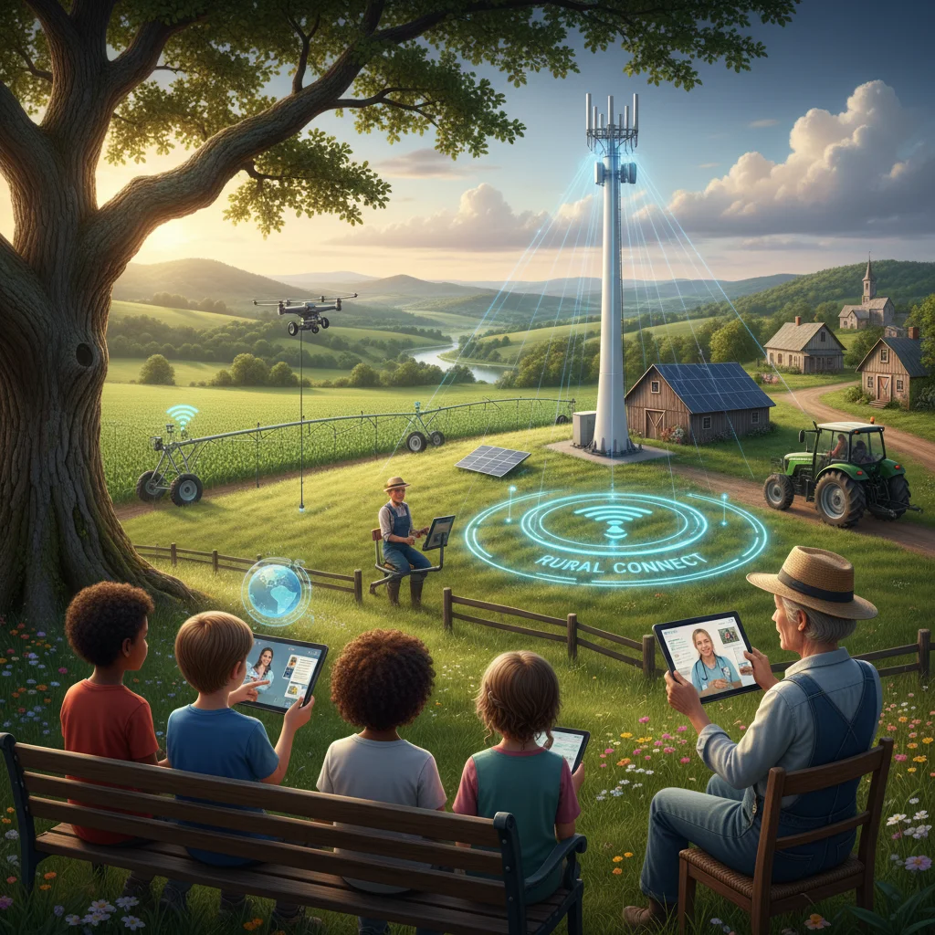 Rural community benefiting from enhanced high-speed internet for education, healthcare, and agriculture.