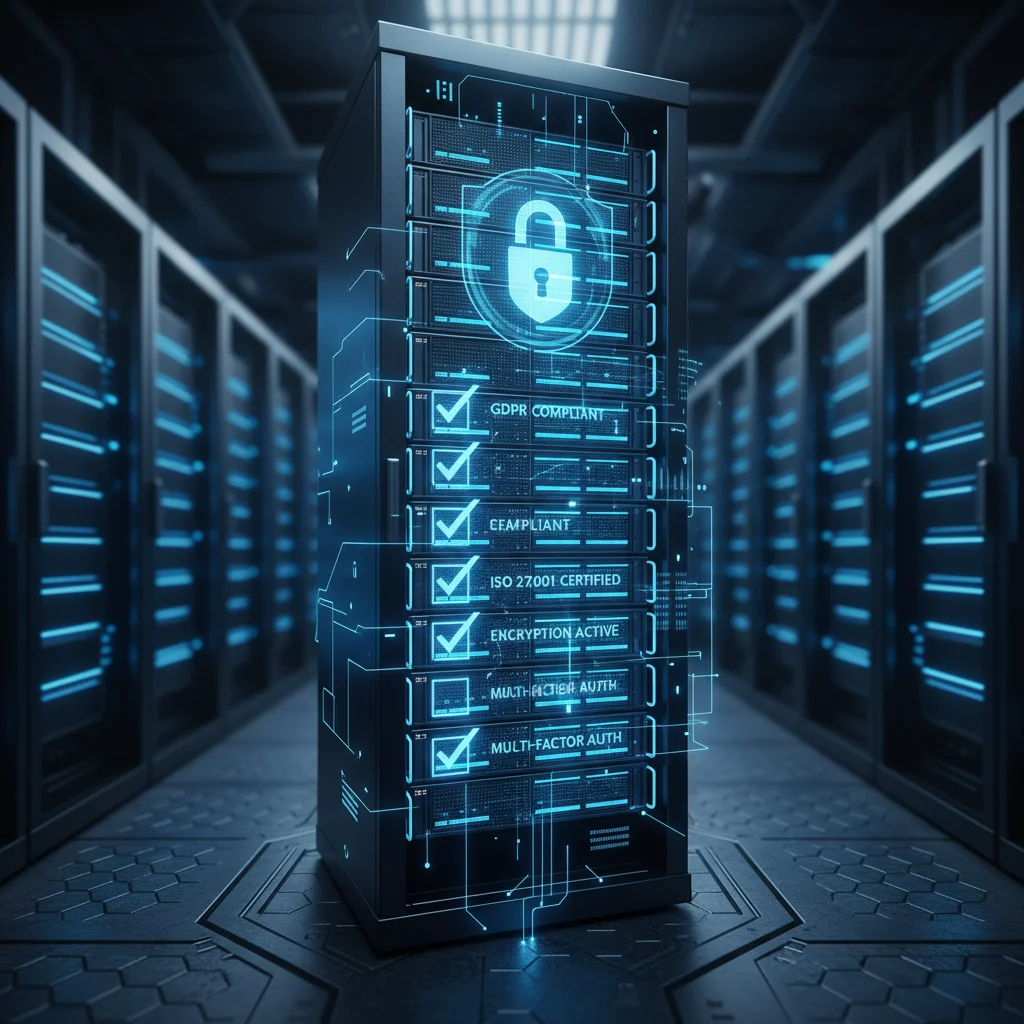 Secure data center with digital security locks and compliance checklists.