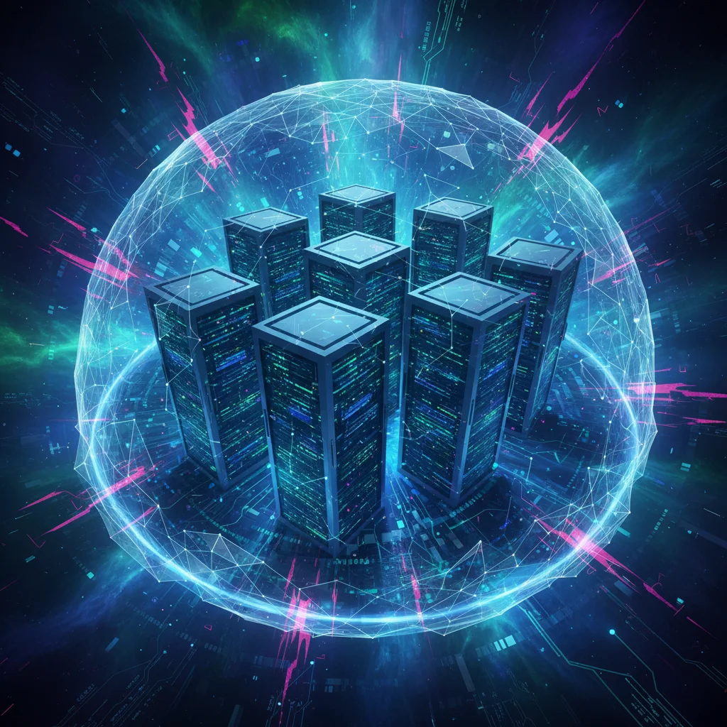 Secure data center with protective digital barrier against cyber threats.