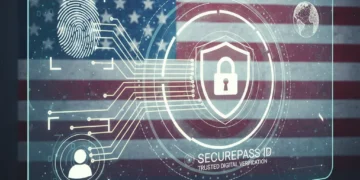 Secure digital identity verification process with biometrics and data flow against a US flag background