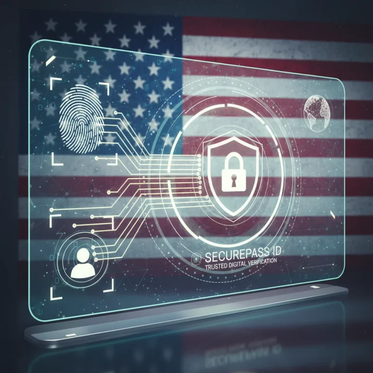 Secure digital identity verification process with biometrics and data flow against a US flag background