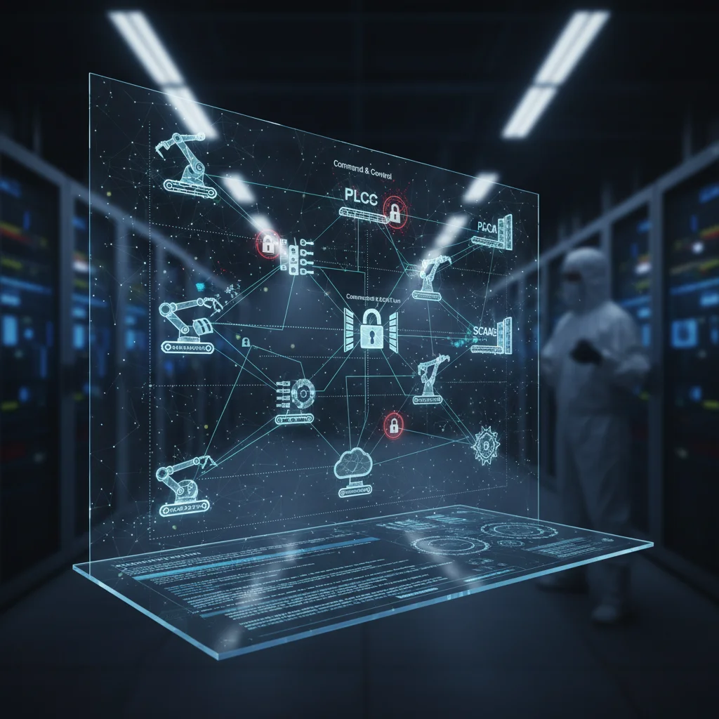 Complex network diagram illustrating secure IoT devices in an industrial control system.