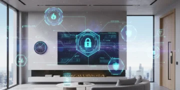Secure smart home interior with integrated smart devices and cybersecurity icons.