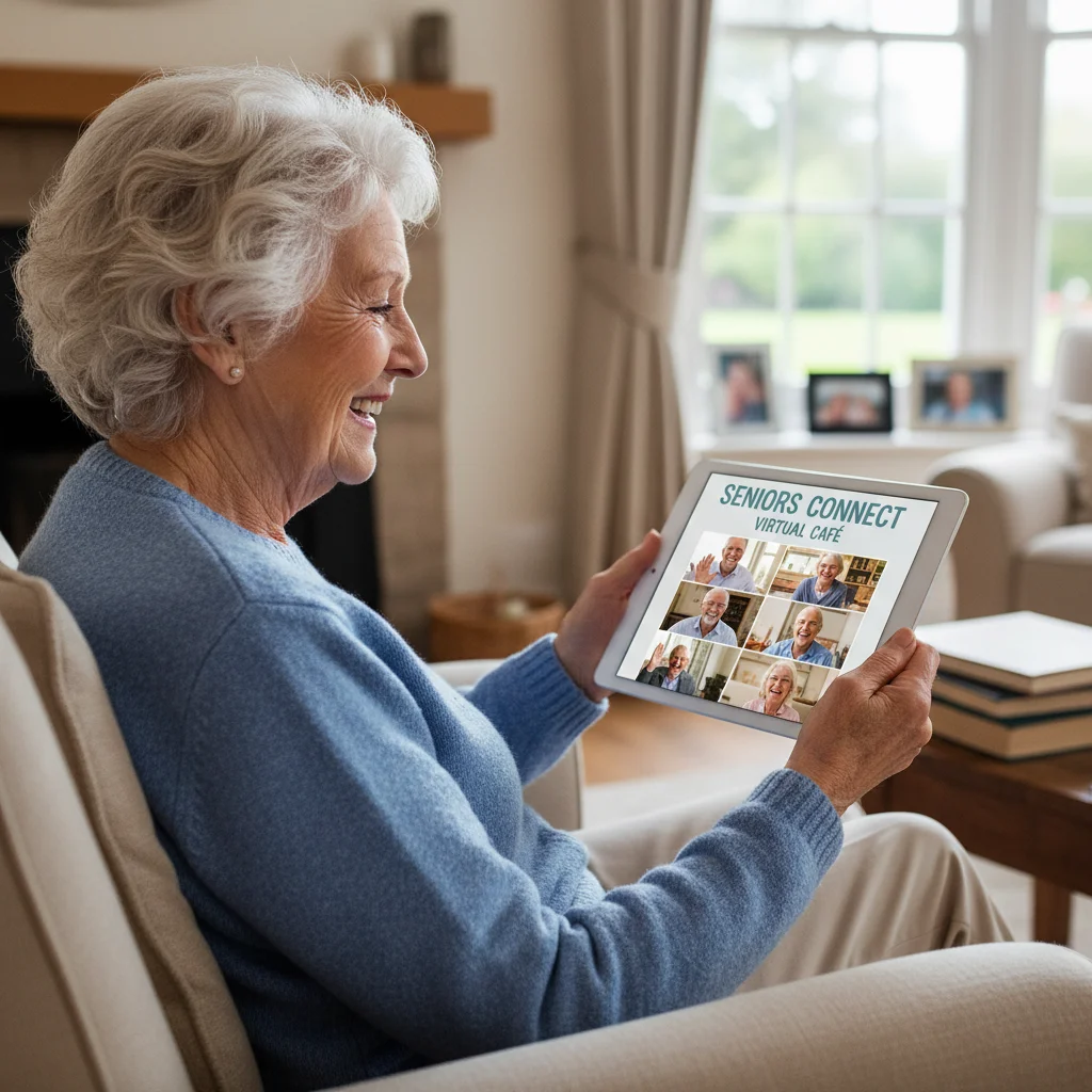 Elderly woman engaging in virtual social program on tablet