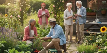 Seniors gardening together, promoting community and well-being