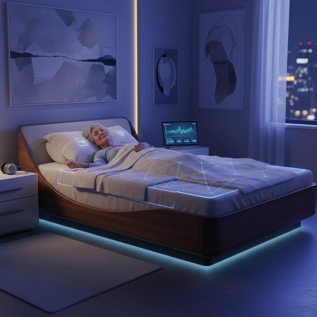 Smart bed with integrated sensors monitoring sleep quality and respiratory patterns.