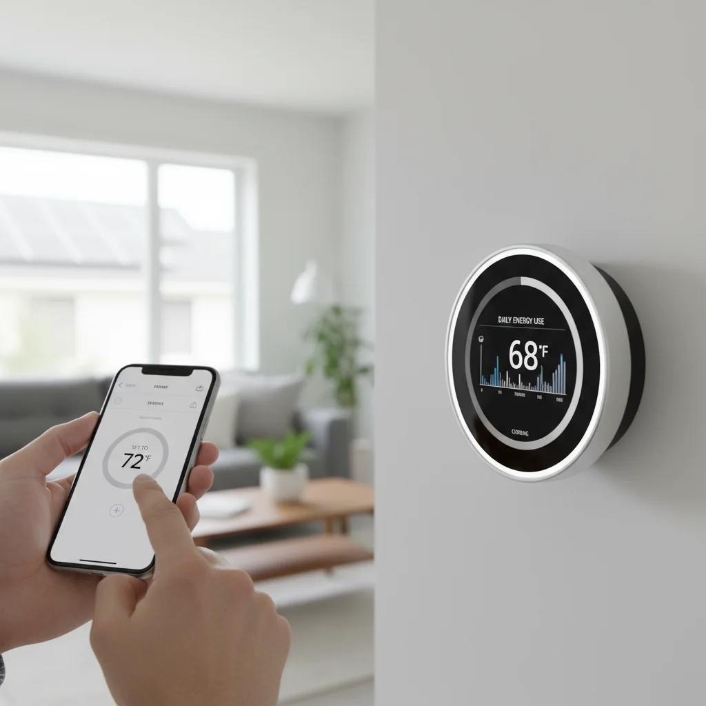 Smart thermostat displaying energy data and controlled by a smartphone app