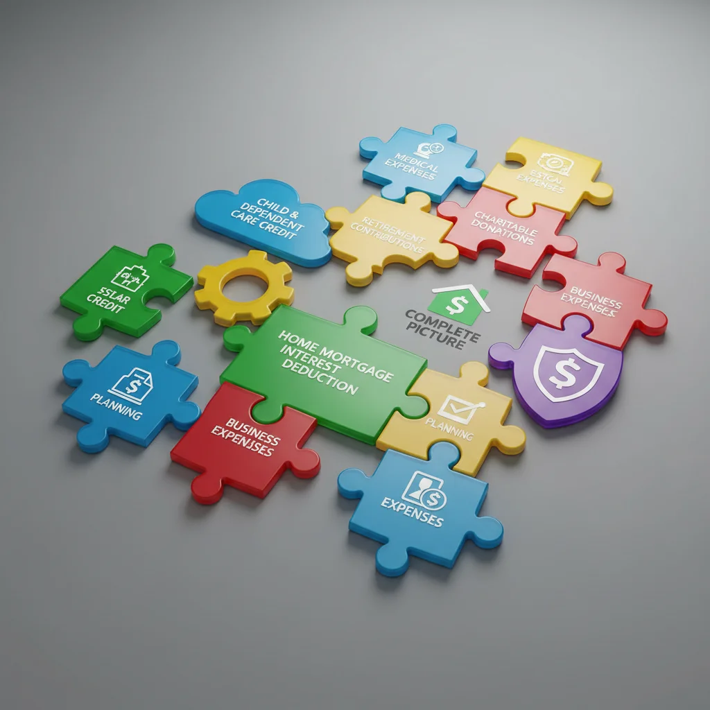 Puzzle pieces forming a complete financial picture, symbolizing tax planning strategies and deductions.