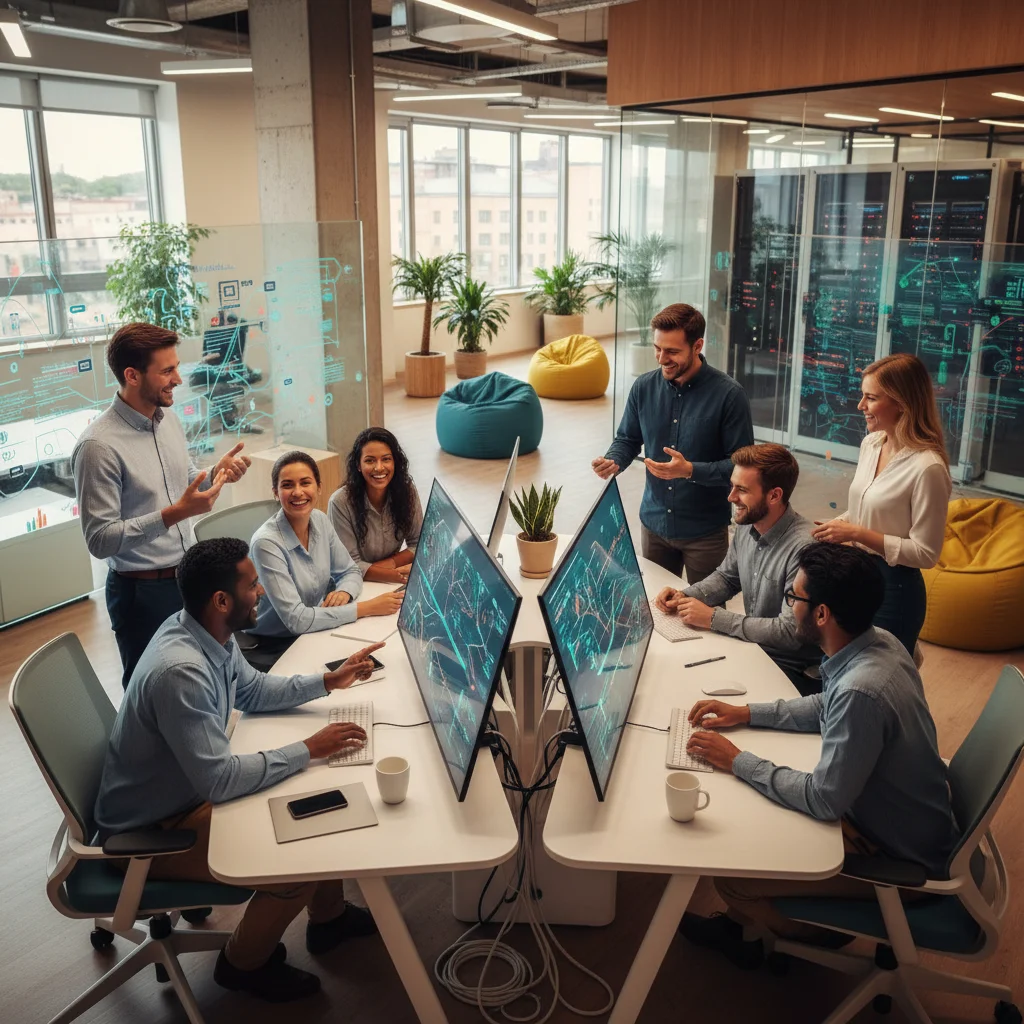 Team collaborating on decentralized technology in a modern office