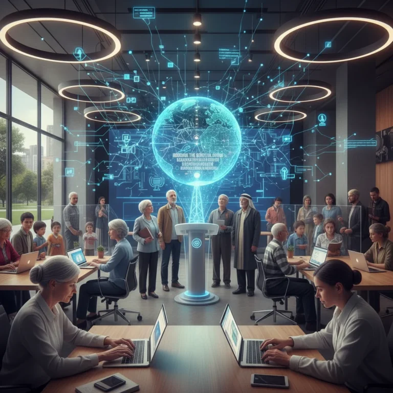 Diverse community connecting digitally, representing universal internet access
