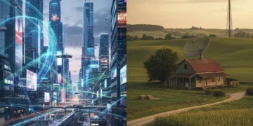 Urban and rural landscapes illustrating the 2026 digital divide in high-speed internet access.
