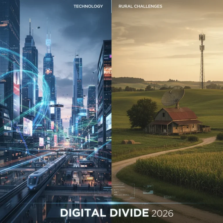 Urban and rural landscapes illustrating the 2026 digital divide in high-speed internet access.