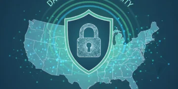 Shield protecting digital data over a US map, symbolizing data privacy regulations.