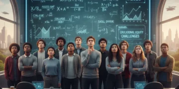 Students from diverse backgrounds contemplating educational challenges in a futuristic classroom setting.