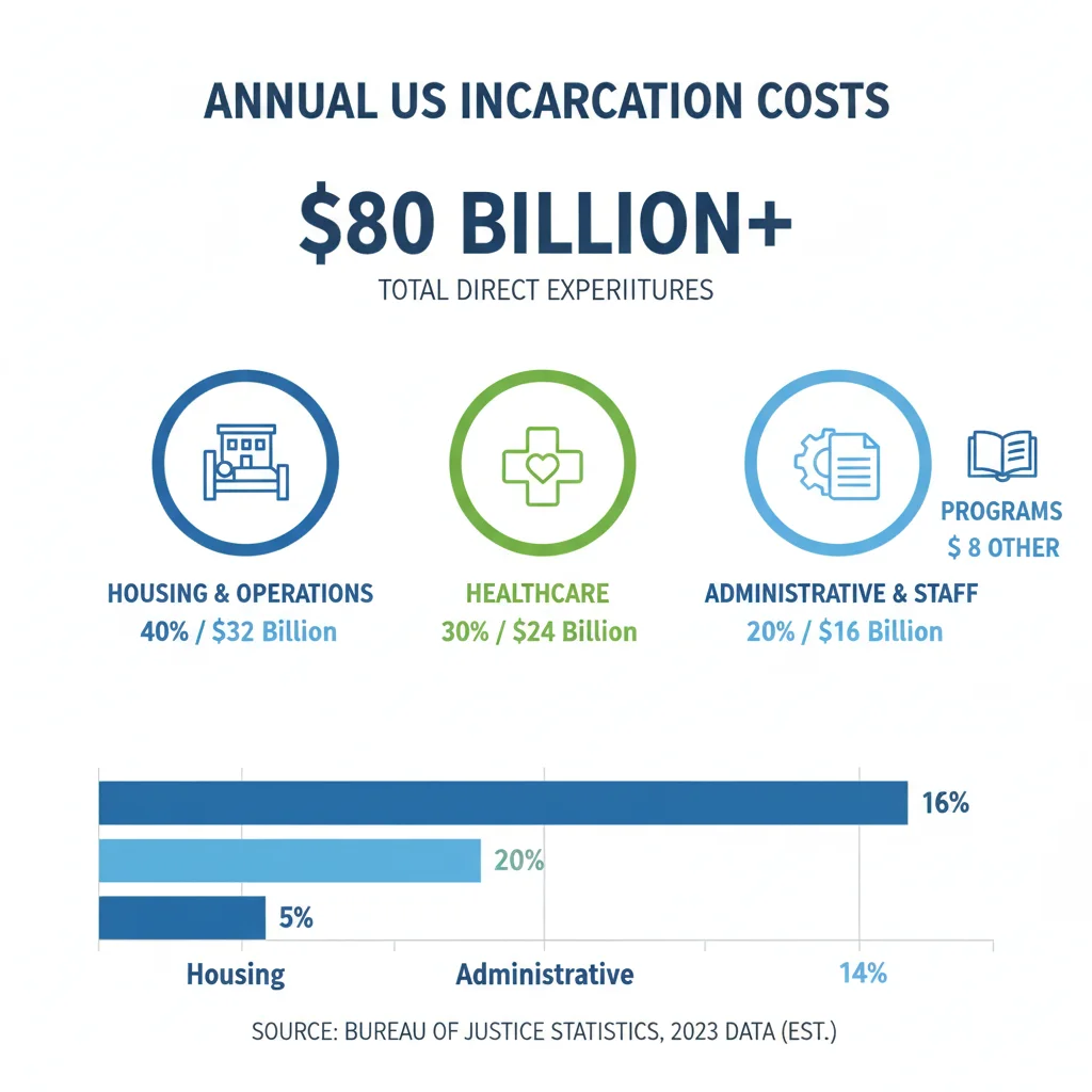 Infographic detailing the multi-billion dollar annual costs associated with the US criminal justice system, including housing, medical, and administrative expenses.