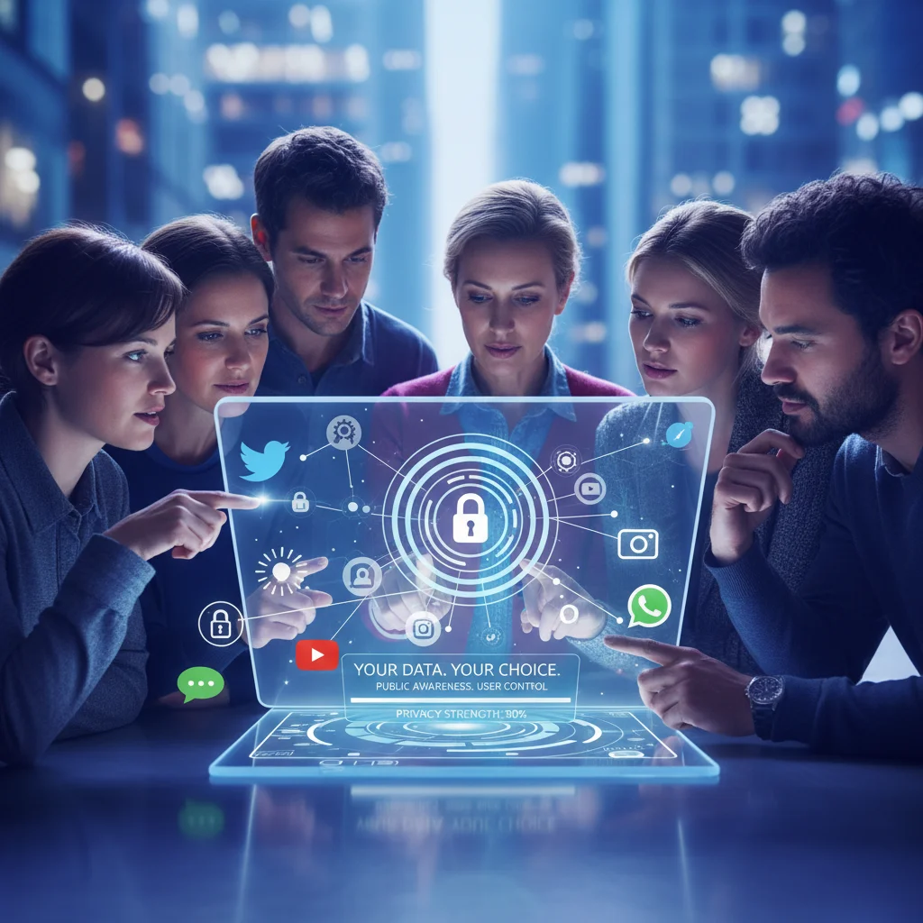 Individuals discussing online privacy settings on a tablet, representing user control and awareness.