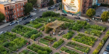 Vibrant community garden in an urban setting, symbolizing improved food access.