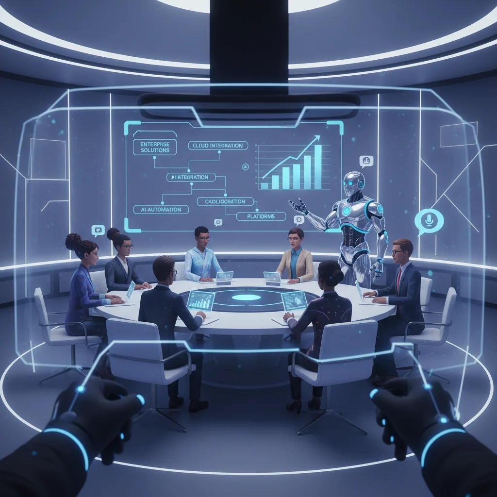 Avatars collaborating in a virtual enterprise meeting room.