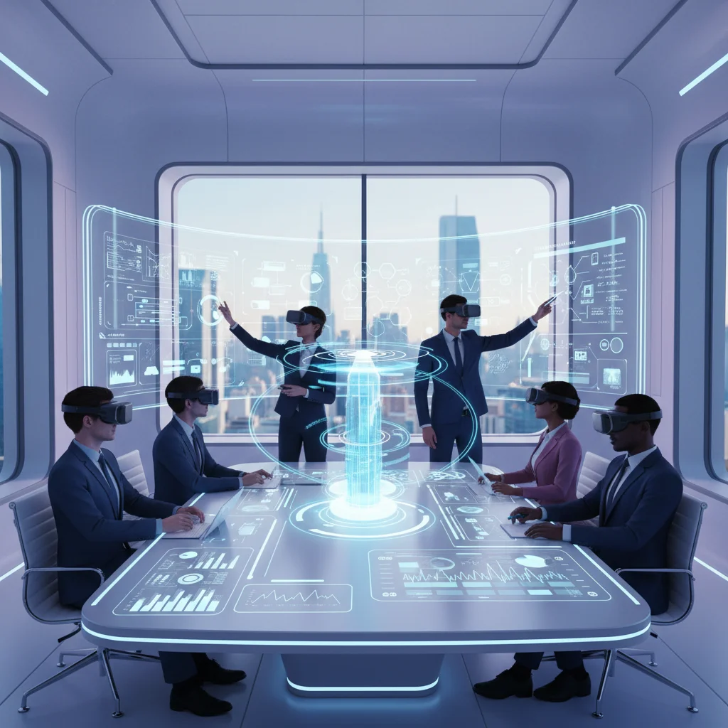 Remote team meeting in a virtual reality environment with realistic avatars and interactive 3D elements.