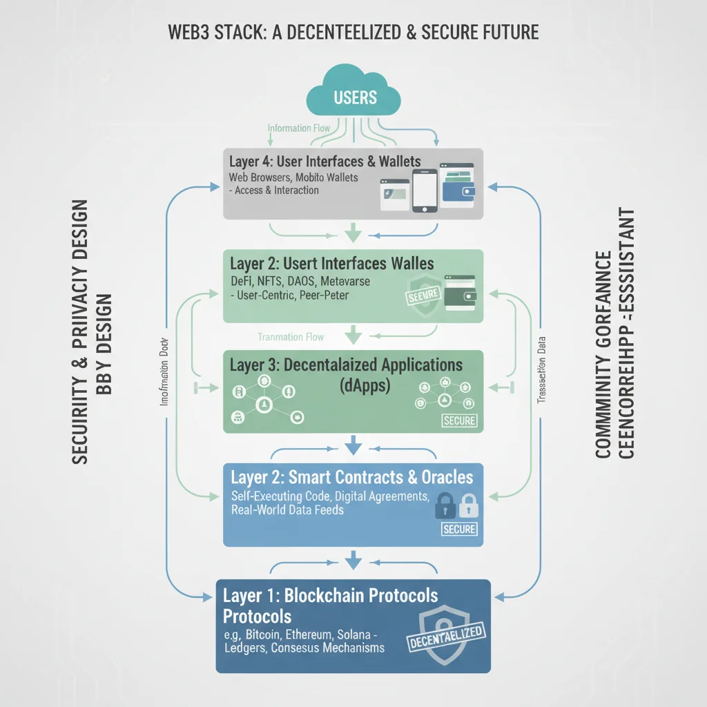 Infographic showing the layers and components of the Web3 technology stack.
