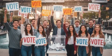 Diverse young people actively participating in voting, holding 'Vote' signs, showing enthusiasm for elections.