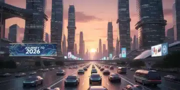 Futuristic autonomous vehicles on a highway at dusk, illustrating the future of transportation and regulatory challenges.