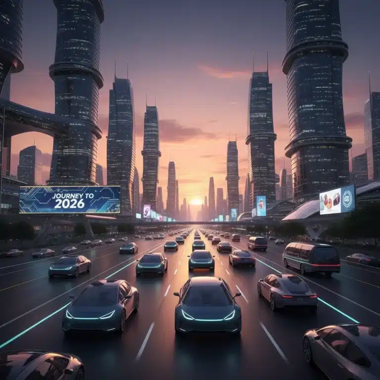 Futuristic autonomous vehicles on a highway at dusk, illustrating the future of transportation and regulatory challenges.