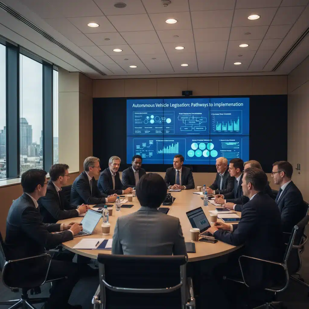 Policymakers and industry experts discussing autonomous vehicle regulations in a meeting.