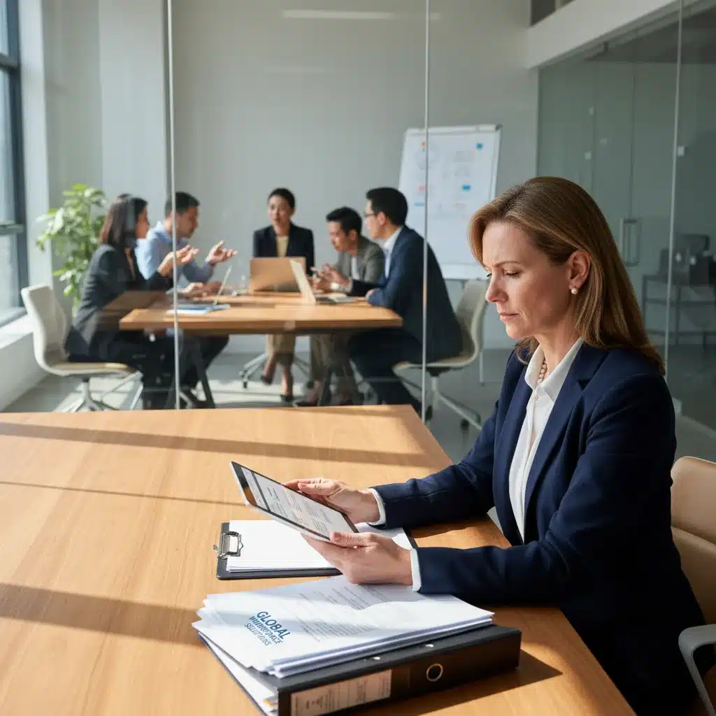 Business executive reviewing immigration compliance documents for workforce planning