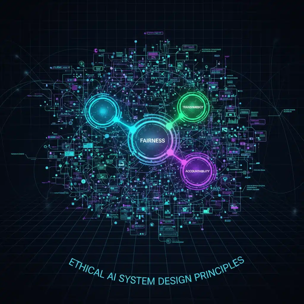 Neural network diagram illustrating integration of ethical principles in AI design.