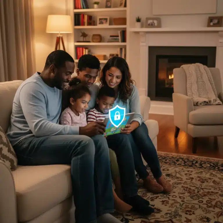 Parents and children safely navigating the digital world with parental controls.