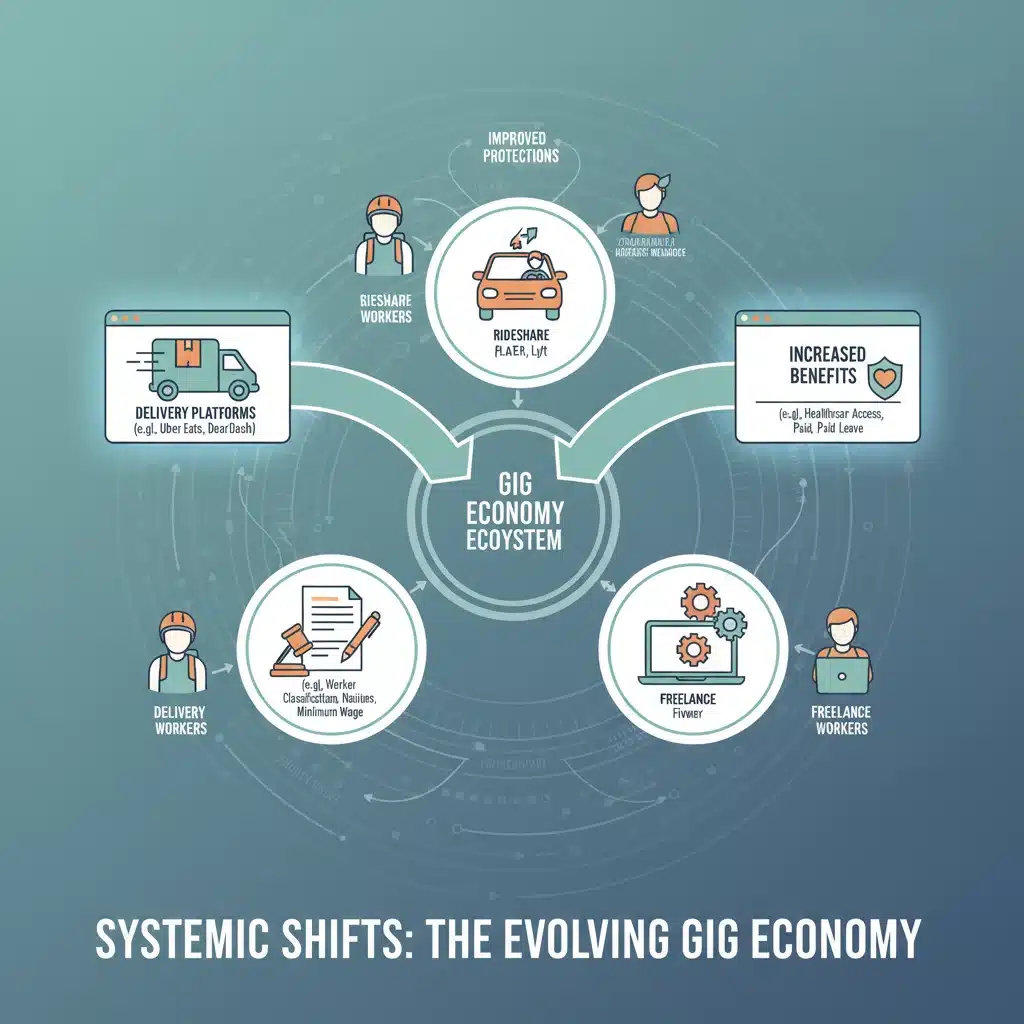 Infographic showing the interconnectedness of gig platforms, workers, and new federal regulations.
