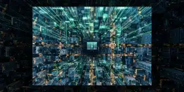 An aerial drone view of a city at dusk, overlaid with glowing green digital data streams flowing into the urban landscape, symbolizing constant digital news consumption and information overload.