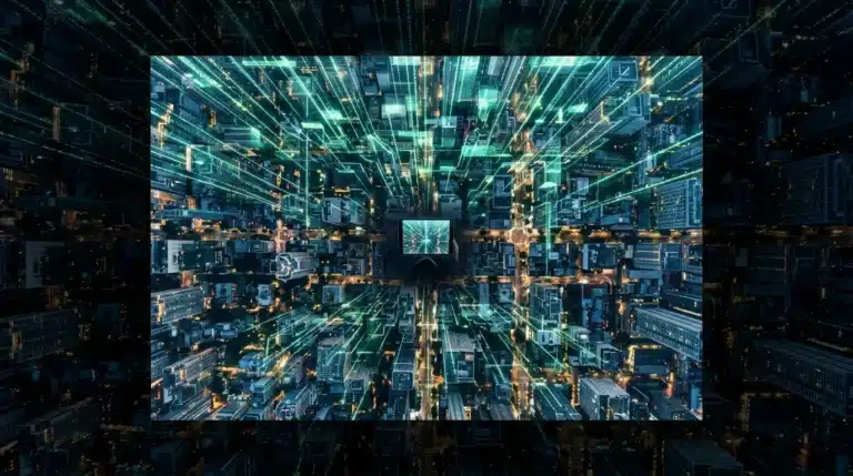 An aerial drone view of a city at dusk, overlaid with glowing green digital data streams flowing into the urban landscape, symbolizing constant digital news consumption and information overload.